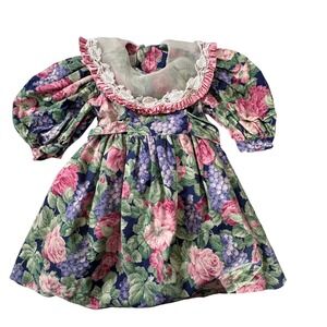Anne Savoy Floral Dress Toddler Girl 2T Navy Blue Excellent Vintage Lace Ruffle